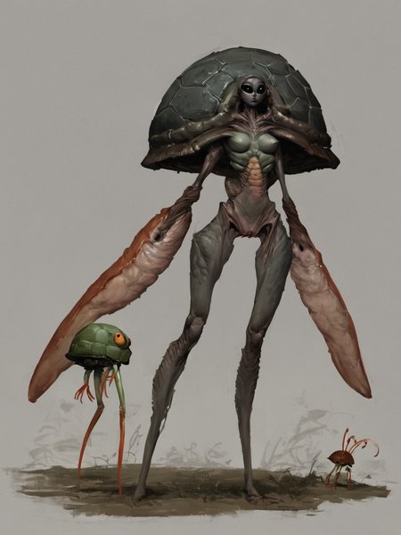 alien girl, humanoid, long legs, turtle, lobster, black eyes, black sclera, huge eyes, breasts, no nipples,
 <lora:Alien_Concept_Art:1>, score_9, score_8_up, score_7_up,, <lora:Oil Gothic Painting Style SDXL_LoRA_Pony Diffusion V6:0.8>, rating_explicit