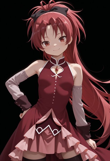 masterpiece, best quality, amazing quality, very awa, looking at viewer,
feet out of frame, armpit peek, 
straight-on, smile, looking at viewer, head tilt, contrapposto, v,, ,, (simple background, black background:1.1), <lora:Sakura Kyoko illu v2:1> 1girl, long hair, bow, ponytail, hair bow, red hair, red eyes, ribbon,, black bow, bare shoulders, magical girl, detached sleeves, very long hair, black thighhighs, red dress, soul gem, hair ribbon, long sleeves, small breasts