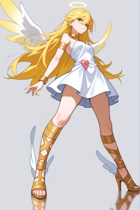 <lora:PantyStoking:0.8>  full body, Shiro, female, blonde hair, yellow hair, blue eyes, white dress, white outfit, pink heart accents, gold collar, gold arm bands, golden high heel sandals, strappy sandals, cross-patterned straps, gold leg wraps, standing pose, slight downward angle view, three-quarter view, fair skin, serious expression, neutral face, white angel wings, full figure visible, feet visible