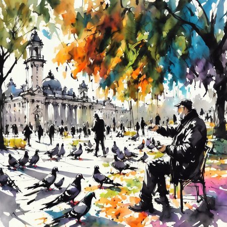 inksketch, a man feeding pigeons, city park, colorful