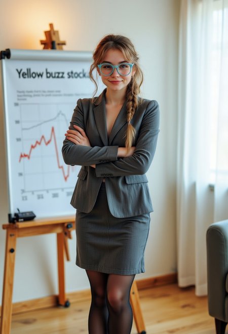 FictionalJulianne,dark blonde hair,side braid,freckles,pastel blue rimmed glasses.
three piece business suit,black stockings and short heels, stern expression on her face.
Arms crossed. Standing next to a whiteboard with a graph of a downward trend line and the text "Yellow buzz stocks"