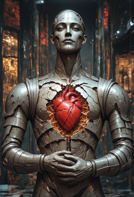 the Tin-Man with a hole in his chest holding his artificial heart, offering his heart to the viewer