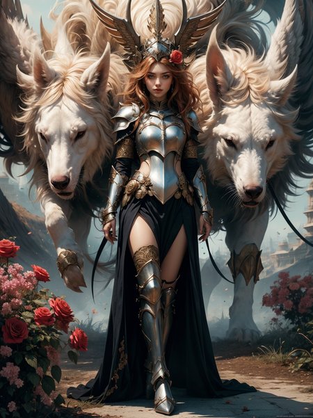 <lora:GPTS6 Hella-sthetic_424353:0.8> (full body shot:1.2) ginger hair,blue eyes,crusader,female knight,(intricate armor:1.2),red rose,flowersfashion,armor made of white rose,crusaderworld,, intricate, elegant, highly detailed, symmetry, magical atmosphere, sharp focus, majestic, very coherent, radiant, advanced, cinematic, artistic, fine detail, winning, beautiful, stunning, dramatic light, designed, rich deep colors, perfect professional background, ambient, tailored set composition . magnificent, celestial, ethereal, painterly, epic, majestic, magical, fantasy art, cover art, dreamy