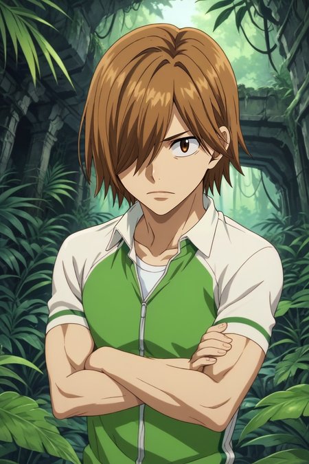 score_9, score_8_up, score_7_up, source_anime, rating_safe, , anime screencap, , , , , 1boy, solo, male focus, <lora:hajime_aoyagi_pony:0.84>, hajime_aoyagi, brown hair, brown eyes, hair over one eye, straight-on, jungle, rainforest, ruins, dawn, arms under breasts, giggling, , <lora:sdxl_lightning_8step_lora:1>