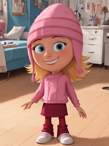 score_9, score_8_up, score_7_up,  score_6_up, BREAK, DLT style, 3d1thG2u, 1girl, solo, blue eyes, blonde hair, child, pink headwear, red pantyhose, pink sweater, red skirt, white footwear, looking at viewer, smile, <lora:DLToon_style:1>  <lora:Edith_Gru:0.8>