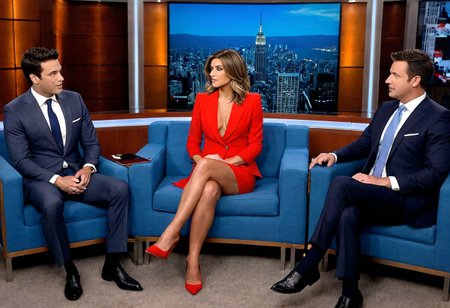 good-looking white american anchorwoman with heavy makeup in her late 20s with shoulder-length hair and medium saggy breasts presenting the news on tv with a suit without a bra with her nipples visible, nipples exposed, deep cleavage, saggy breasts, one breast out,   nip slip, deep blue eyes, OverallDetailXL, legs and feet, legs show, legs fetish, long and sexy legs, full body, all body, sitting, crossed legs, side view, she is interviewing with two politicians men,  2 politicians guests, men are wearing suits, (((men are looking her)))