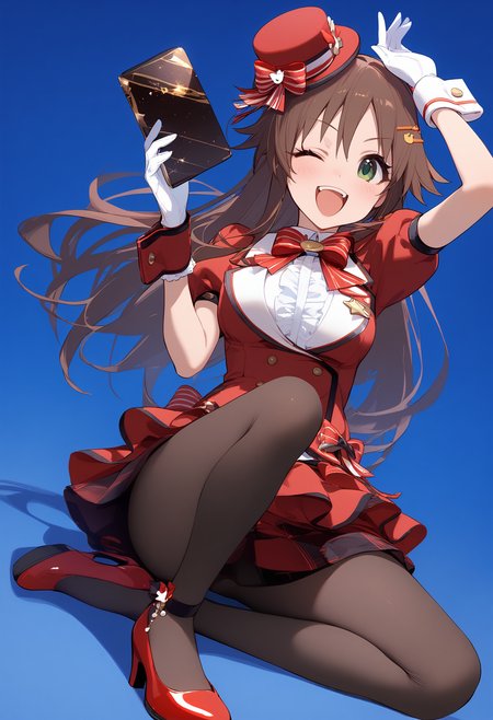 1girl,black pantyhose,blush,himekawa yuki,mini hat,open mouth,center frills,high heels,looking at viewer,puffy short sleeves,red footwear,red headwear,solo,white gloves,simple background,skirt,smile,;d,blue background,full body,holding,one eye closed,red bow,red jacket,shoes,sitting,standing,white shirt,wrist cuffs,<lora:a31_char_new_himekawa_yuki-000022:1>masterpiece, best quality, absurdres<lora:a31_style_koni-000010:0.8>