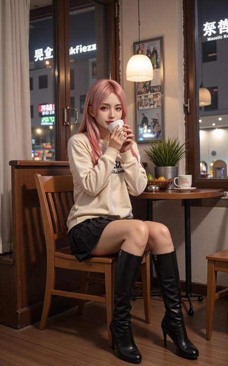 A stylish20-year-old girl with long pink hair and green eyes sits comfortably in a modern cafÃ©,wearing a cream-colored sweater,a black pleated skirt,and elegant knee-high black boots. Holding a hot cup of coffee,she gently blows on it while smiling softly. The cafÃ©âs warm ambient lighting creates a cozy atmosphere,with wooden tables,potted plants,and soft jazz music playing in the background. Large windows reveal the bustling city outside,with neon lights reflecting off the glass. Realistic photography style,cinematic lighting,soft-focus background,warm and cool tone contrast.,
<lora:yuukananri-base-02-flux:0.9>,yuukananri,she has a slender physique and a petite build,