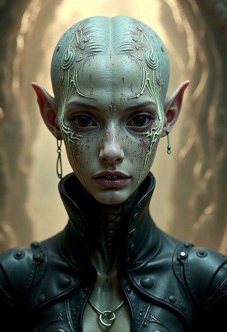 Hyper-realistic extreme close-up digital portrait of an alien-like humanoid with reptilian features. The elongated bald head has smooth, pale gray skin and no visible ears. Intricate bioluminescent circuit-like patterns and glowing white tribal tattoos are etched across the scalp, face, and neck, following a symmetrical design. The small, dark, almond-shaped eyes convey ancient wisdom, featuring visible moisture and reflection. A subtle, knowing smile reveals a hint of sharp teeth. The creature wears a high-collared, form-fitting black garment, possibly leather, with angular lines and mysterious symbols. The background is filled with swirling, ethereal fog in muted golden-brown and beige tones, creating depth and an otherworldly atmosphere. The color palette includes cool grays and whites with hints of pale green in the markings. Dramatic chiaroscuro lighting emphasizes facial contours, casting gentle shadows and enhancing the three-dimensional effect. The skin texture features impeccable detail, with fine pores and a slight sheen suggesting non-human biology. The photorealistic rendering has a cinematic quality, as if captured on a high-end digital camera, with sharp focus on facial features and a slight depth of field blur towards the edges. The subject is slightly off-center, gazing directly at the viewer, evoking an eerie, mysterious, and subtly threatening mood.