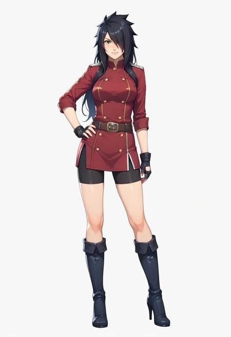 score_9, score_8_up, score_7_up, 
ayame madhiba, ayamemadhiba, 1girl, solo, long hair, breasts, skirt, simple background, black hair, gloves, white background, full body, boots, belt, fingerless gloves, hair over one eye, high heels, hand on hip, knee boots, bike shorts,