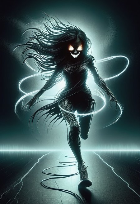 a girl running thowards the viewer, she's evil with glowing eyes, and open mouth, strong legs, partially dissolving, windy day, 
lightlora,made from light,light,light particles,glowing, DonM3v1lM4dn355XL