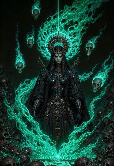 a mystical female figure at the center. She has a pale complexion and striking facial features, with long, flowing dark hair that blends into ethereal, turquoise flames surrounding her. Her attire is an elaborate, dark, gothic-style gown adorned with intricate patterns and metallic elements. The background is dark, enhancing the luminous effect of the turquoise flames. Surrounding her are several floating, glowing skulls, each enveloped in the same turquoise flame, adding to the mystical and otherworldly atmosphere. The overall composition is dynamic, with swirling flames and a sense of movement, creating a dramatic and enchanting visual effect.  <lora:flux.1_lora_flyway_Epic-detail_v2:0.85> <lora:FluxMythAn1meL1nes:0.8> <lora:MoriiMee_Gothic_Niji_Style__FLUX_LoRA_Test_2:0.65>