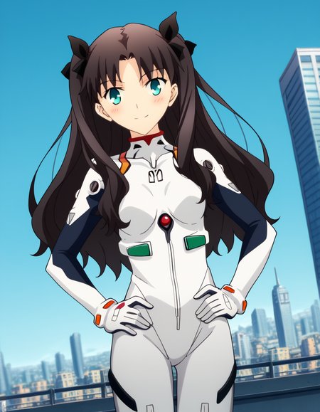 score_9, score_8_up, score_7_up, source_anime, rintohsaka, <lora:rin-tohsaka-ubw-ponyxl-lora-nochekaiser:1>, rin tohsaka, aqua eyes, black hair, hair ribbon, long hair, ribbon, sidelocks, two side up, parted bangs,, <lora:rei-ayanami-cosplay-ponyxl-lora-nochekaiser:1>, reiayanamicosplay, ayanami rei \(cosplay\), bodysuit, headgear, plugsuit, white bodysuit,, outdoors, cityscape, smile, blush, hands on hips,, cowboy shot, dutch angle, solo,