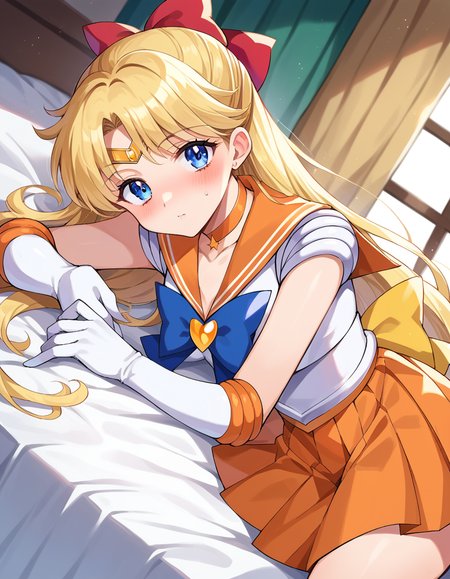 score_9, score_8_up, score_7_up, source_anime,
sailorvenus, <lora:sailor-venus-ponyxl-lora-nochekaiser:1>
sailor venus, blonde hair, blue eyes, bow, hair bow, half updo, long hair, red bow, tiara,
back bow, choker, elbow gloves, gloves, jewelry, magical girl, orange choker, orange sailor collar, orange skirt, sailor collar, sailor senshi uniform, school uniform, serafuku, skirt, white gloves,
indoors, bed, bed room, on side, blush, drunk,
looking at viewer, cowboy shot, dutch angle,