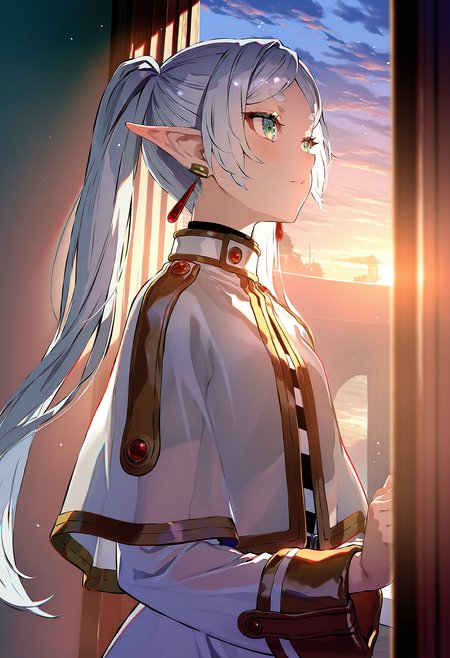 by happoubi jin, by fuzichoco, by lam, by kinta \(distortion\),
frieren, 1girl, solo, jewelry, pointy ears, earrings, elf, capelet, green eyes, twintails, light particles, white capelet, long hair, long sleeves, 
, indoors, window shade, split theme, sunset, see-through, dark,
masterpiece, best quality, very aesthetic, absurdres
<lora:illustrious_quality_modifiers_masterpieces_v1:1>
<lora:illustrious_noobai_epsilon_pred_1_best_quality_v1:1>
