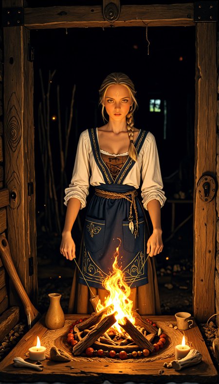 (photo realism, pr3tty_h4lluc1nat10ns),  <lora:NordicByNatureILL:0.8> nordicbynature,  Bella_Jockitch, (dynamic action pose:1.2), cleavage, (blonde, hearth, longhouse, golden thread), Wears a warm ochre linen underdress with long, fitted sleeves, braided hair pinned with golden thread and bone charms, overlaid by a dark blue apron-dress fastened by ornate turtle brooches, strings of amber and bone beads, practical wool sash, fire ritual dancing in the hearth, a wooden village visible through the carved totem-marked door, a shield and axe resting by her side, townsfolk shadows flickering in the firelight, glowing runes inscribed along the beams.