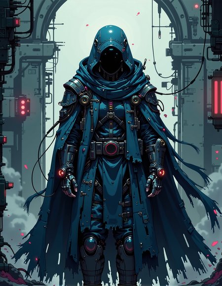 masterpiece, best quality, ultra high res, beautiful, visually stunning, elegant, incredible details, award-winning art, , g0s1, ghost,cyberpunk  hood,sci-fi torn cloak, faceless, torn fabric, no humans, floating, <lora:ck-nc-pastel-cyberpunk:1> A digital artwork in the style of cknc,