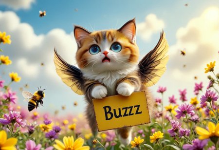 photorealistic 
a flying kitten with a sign around their neck, flying cat, cat bee hybrid, bumble bee fur, ((kitten has yellow and black striped fur)), (((bee wings))), blue eyes, (((Sign hanging around neck that says "Buzz Buzz"))), kitten is flying over a flower field with vibrant colors
1cat
highly detailed, aesthetic, great lighting, extremely detailed, award winning, perfect composition, a rich and complex image of nature, a vibrant tissue of hues and textures captured digitally, best quality, realistic, captivating, intricately detailed, hyper detailed, maximalist style, photorealist, sharp focus, dynamic lighting, superb composition, finest details, highest aesthetics, best quality, sharp focus, high contrast, stylized, clear, colorful, ultra quality, 8k, best quality, masterpiece,midjourneyv6.1
AP, no humans, animal focus, cat ,looking at viewer, animal,whiskers