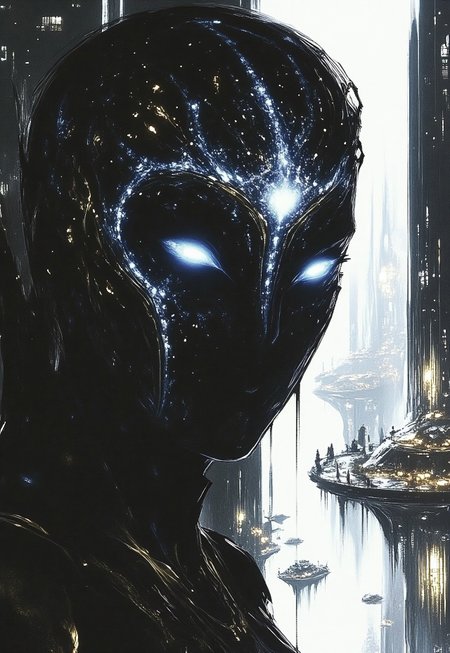 fg, Ghost in the Shell, an uploaded consciousness finds itself trapped in the Ethereal Grid. Forces his introspection as an incorporeal, transparent digital spirit. 
The face of the digital spirit shows visible interlacing and tearing effects.
The face occupies two-thirds of the image. Behind the face, the sharp outlines of a City, named R'lyeh, the Sacred Stone City.
Use lumen for dynamic lighting and reflective surfaces, employ ray tracing to make these effects even more realistic.
Overall, the painting with a focus on detailed textures and dramatic lighting features a monochromatic scheme, primarily with shades of black, white, and gray. 