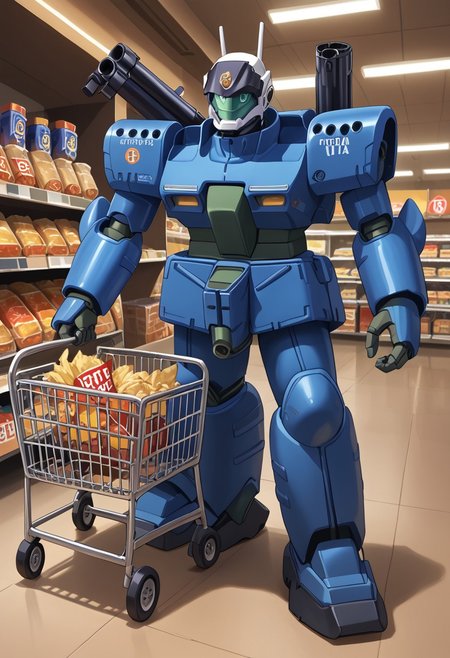 score_9, score_8_up, score_7_up, source_anime, front view, BREAK,  ( guncannon_mass_production_type, behind sopping cart, looking at viewer,) 1mech, blue mech, blue armor, supermarket, shoulder cannons stowed, mech focus, solo, BREAK, two arms, in grocery store, grabbing bag of chips, pushing shopping cart, checkout isle, holding chips,