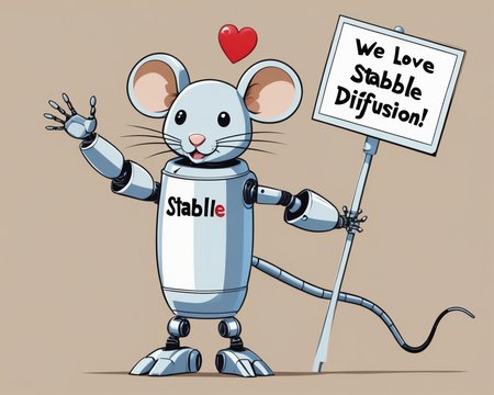mouse robot holding a massive sign that says "We love stable diffusion!" <lora:n64:1>