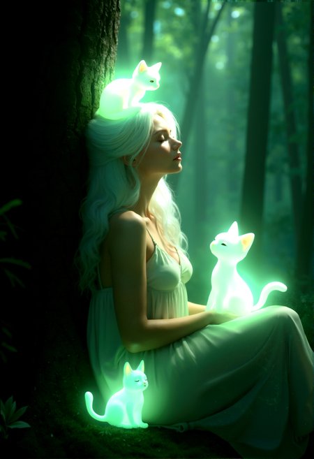 She leans against a large tree trunk, her head resting on it as she closes her eyes in peaceful contemplation, with the cute angel like spirits surrounding her protectively.One of the glowing spirit looks like a cat sitting peacefully on her head 

Photorealistic depiction of a mystical forest scene where a cute and curvy adult woman with long white hair is seated, surrounded by glowing, translucent green spirits, their ethereal light casting a soft glow on her serene face.

Soft, diffused light filtering through the dense forest canopy, creating a gentle, mystical atmosphere that enhances the glow of the spirits.

cinematic lighting, extremely intricate detail character, accurate depiction of character, correct body anatomy, correct hands and fingers, extremely intricate skin and facial skin texture detail, lifelike potrayal, extremely realistic lighting, extreme dynamic pose.














