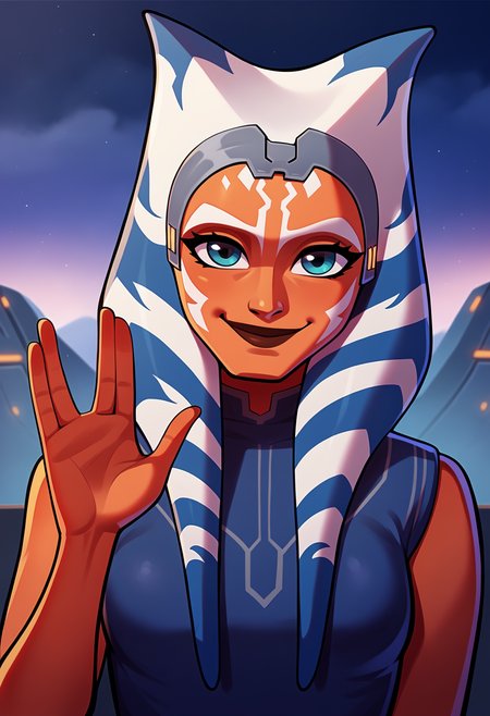score_9, score_8_up, score_7_up, female, solo, grey headband, ahss7, medium breasts, <lora:AhsokaS7PDXL_V1-Manityro-adamw>, outdoors, dark, stormy sky, spacecraft, fog, looking at viewer, smile, closed mouth,, three-quarter view, head tilt,
vulcansalute hand gesture<lora:VulcansalutePonyV1-000035>