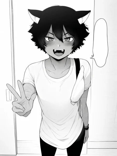 uncensored, score 9 up, score 8 up,
 <lora:[Sugoku Zako] Kemomimi Doujin Character and Style PonyXL:1>,sugoku_zako_kemomimi, animal ears, monochrome, greyscale, short hair, dark skin, blush, otoko no ko, fangs, femboy, standing, looking at viewer,
