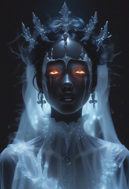 score_9, score_8_up, score_7_up, BREAK, The image is a high-resolution photograph of a person's face, taken in a dramatic, almost surreal style. The subject is a woman with black hair, a fair complexion and striking features. Her body is covered with a black translucent fabric that drapes over her shoulders, creating a ghostly, ethereal effect, which contrasts sharply with the black skin and the black film, white tears, crying, black background