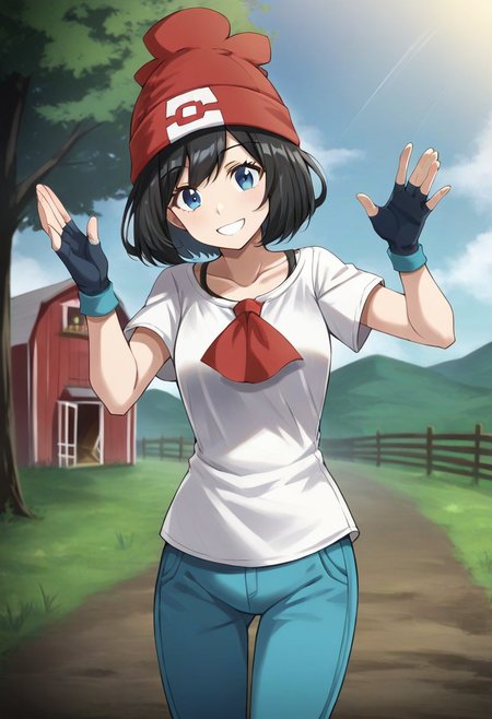 1girl, solo, semilezuneki, short hair, black hair, blue eyes, red headwear, beanie, red neckerchief, white shirt, short sleeves, blue fingerless gloves, blue pants, standing, outdoors, farm, looking at viewer, smile, dynamic pose