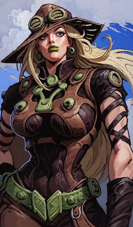 marvelconcept, score_9, score_8_up, score_7_up, portrait of Gyro, 1girl, MYLF, milf, mature female by Hirohiko Araki, looking to the viewer, showing her jawline, muscular body, bare shoulder, bare back, ((dark purple high cut leotard, back harness, large cleavage sagging teardrop breasts, underboob)), areola slip, brown leather straps, belt with green buckle, black arm straps, hat with goggles, blonde hair, green lips, big lips, high cheekbones, confident eyes, wide hip, groin, hip skin, ((cowboy chaps without crotch, Thigh Cut Out, waist  Cut Out, front view)) BREAK thick lineart, cel-shading depicted in a dynamic pose with a cel-shading style. The character features bold outlines and distinct, flat color regions with no gradient mesh, maintaining separate color blocks, crossing hatching shading, half tone. Open-Impressionism, blue sky and cloudy background, marvelrivals BREAK A female character is depicted in an acrobatic pose, bending forward with her legs spread apart. She is balancing on the balls of her feet while leaning her upper body down. Her 2 hands is reaching behind her back, Her head is tilted sideways, and she is looking directly ahead with a confident expression. Her long hair flows down, and she appears to be in mid-motion, showcasing her flexibility and agility. The overall pose emphasizes dynamic movement and balance.
