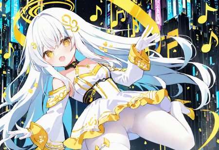 Best quality, masterpiece, sci-fi extremely dark abyss city, music notes, one singer girl with round pert breasts, majestic walk, hands gesturing, adorable pure white long loose hair, simple hairpin, adorable smooth happy face, singing, open mouth, bright yellow eyes, detailed kawaii makeup, beautiful white dress with long sleeves and gloves, slim waist, very short miniskirt, white tights, thick clavicle, thick pelvis, thick hips, thick thighs, heels