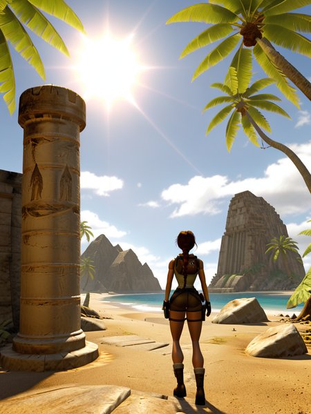 <lora:TR3D:1>, TR3D, 3D render of Lara Croft exploring a mysterious ruin on a tropical beach on a sunny day, palm trees, ocean horizon, crystal clear water, statues, pillars, facing away, back turned, high resolution, subsurface scattering, raytracing
