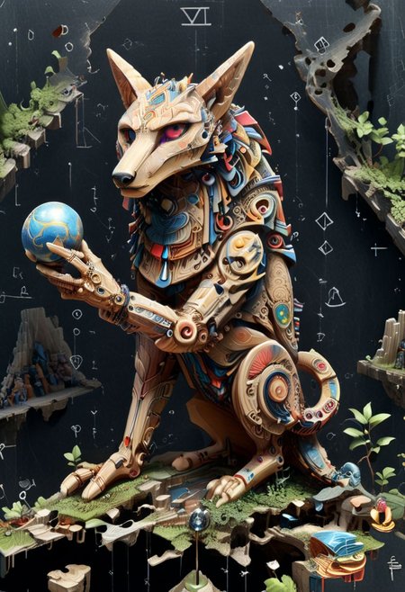 a tarot card drawing of stargatejackal, performing alchemy of etheral symbol quintessence, claws holding the globe (one hand raised showing the eye of chemigram:1.1, analog style:0.8, eye of hamesh (with rays coming out of it), OverallDetail forging cluster astral keys. <lora:symmetrical:1.5>, worn edges  tetrahedal trees ancient-ruin-forest, s7r:1.2 ((revelation of method,PStyl3 )(gl5, <lora:Maximalist_Drawing_BW:0.2>))), (map QuinnMora, HaroldFiskMeander background:1.4), framesmade of forest valley leb-style,, , no human, ((sigil of pyramid, HaroldFiskMeander, sigil of great power, frames cube FancyTurning:1.5), (three planes) X Y Z in occult space