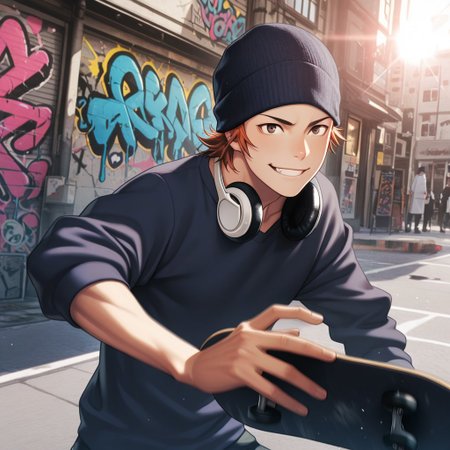 masterpiece, best quality, amazing quality, absurdres, newest, detailed background, definition so sharp, Ultra-HD, 8K cinematic, very awa, impressionate, amazing quality, highres, 
solo, male focus, manly, 
1boy, short hair, beanie, headphone around neck, misaki_orange hair, misaki_brown eyes, misakiyata, street art, graffiti, urban setting, sunny day, lens flare, motion blur, youthful, dynamic, active, mid-air, skateboard, energetic pose, cheerful smile,