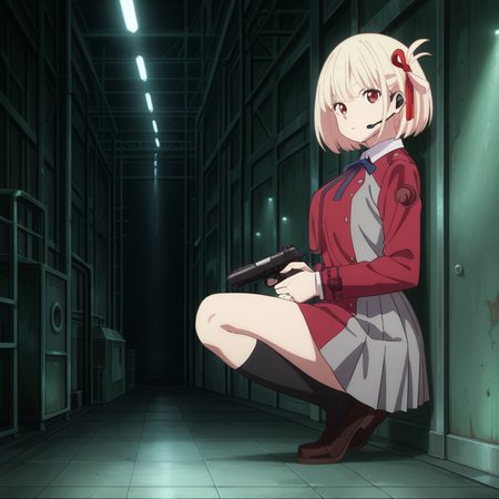 nsfw, masterpiece,best quality,amazing quality,1girl, solo, lycoris_recoil_chisato_nishikigi, blonde hair, lycoris uniform, full body, red eyes, ribbon, short hair, holding gun, handgun, hair ribbon, holding, bangs, red ribbon, blue ribbon, headset, bob cut, neck ribbon, white shirt, shirt, m1911, dress, two-tone dress, looking at viewer, collared shirt, red dress, factory, from side, <lora:Chisato_Nishikigi_-_Lycoris_Recoil:0.7>