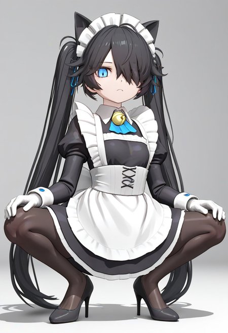(3D),((((MMD)))),(Maid-kasli), solo, white gloves, dress, hair over one eye, maid apron, blue eyes, twintails, cat ears, maid headdress, maid, gloves, 1girl, apron, juliet sleeves, long sleeves, long hair, black hair, animal ears, bell,(Fall down),(squatting down, heels touching each other, legs fully extended outward)