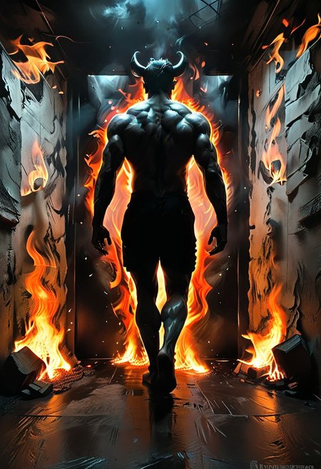 fullbody, full body, back view, <lora:Super perspective and fight stance:0.8>, ((super low perspective)), low perspective, ((fisheye)), dark atmosphere, dark shadow, deep shadow, shadow,  Super perspective,fisheye, wide shot, foreshorten, lighting stance, (fire around), ((fiery footprints)),
Man with demon horns in black shorts walking away from the long dark office corridor, Adult, Mesomorph Muscular body, short Muscular neck, Rectangle faces, broad Muscular shoulders, Muscular fitness arms,  black short combed back hair,  Angular jawline,  Designer Stubble black whiskers, triangular black hair beard, Muscular fitness ass,  Athletic thighs, Muscular fitness legs,  big muscles,  dark black skin,
((burning walls)), ((fire on the walls)),
<lora:Camera Perspectives (507):1>,  from below, foreshortening, perspective,
graphic style of novel comics, perfect hands, 2d,
8k, hyperrealism, masterpiece, high resolution, best quality, ultra-detailed, super realistic, Hyperrealistic art, high-quality, ultra high res, highest detailed, lot of details, Extremely high-resolution details, incredibly lifelike, colourful, soft cinematic light,