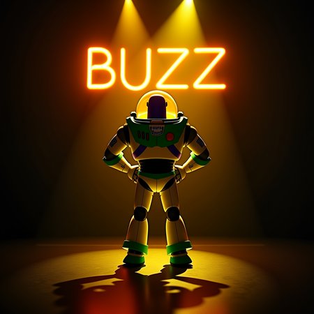 Buzz Lightyear bathed in yellow spotlights against inky black with glowing neon sign that read BUZZ. Swirling light trails mimic Alberto Seveso's ink-in-water photography, capturing Peter Coulson's dance dynamism.  EDM energy pulsates.  Q8, Q5, and Q4  shaped text accents.
