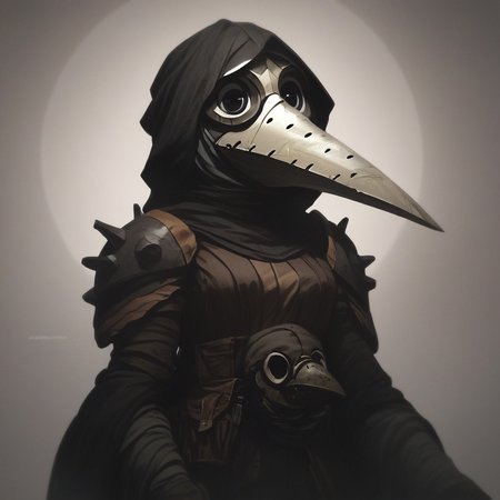 score_9, score_8_up, score_7_up, masterpiece, best quality, newest, absurdres, highres, DDstyle, official style, black eyes, shaded eyes, 1girl DDPD-V1.1, plague doctor mask, mask, armor, shoulder pads,
