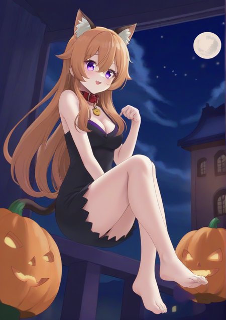 1girl, chonkers (takanashi kiara), frogiwawa, smoothie (takanashi kiara), takanashi kiara, takodachi (ninomae ina'nis), furry female, animal collar, animal ears, bare legs, bare shoulders, barefoot, black dress, breasts, cat, cat ears, cat teaser, cityscape, cleavage, collar, dress, halloween, indoors, jack-o'-lantern, kemonomimi mode, long hair, medium breasts, moon, night, night sky, orange hair, plant, pumpkin, purple eyes, short dress, siamese cat, sitting, sky, window <lora:KOGOOMA:1>