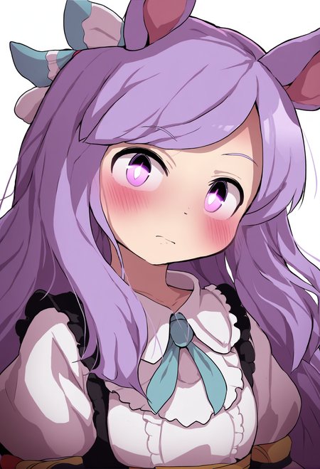 masterpiece, hyper detailed, best quality,(furry:1.3),1girl, solo, mejiro mcqueen \(umamusume\), animal ears, long hair, horse ears, purple eyes, purple hair , white background, looking at viewer, horse girl, simple background, bangs, portrait, blush, closed mouth tie, ear ribbon, frills, ribbon  ,<lora:DAGASIXLlokr8f-000188:0.95>