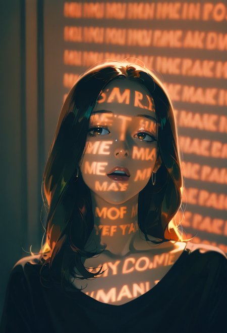 projection lighting, 1girl, english text "projection"