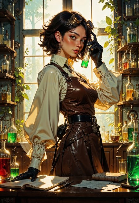 a highly detailed digital painting of a steampunk-inspired woman in a laboratory setting. The woman, with pale skin and dark, wavy hair, wears goggles perched on her head, a leather apron over a white blouse with puffed sleeves, and black gloves. Her intense gaze is directed at the viewer, suggesting focus and determination. She holds a green, glowing potion in a test tube, surrounded by various laboratory equipment and bottles filled with colorful liquids. The background features shelves filled with jars and tools, with light streaming in from a window behind her. The image has a high level of detail and realism, typical of modern digital art.