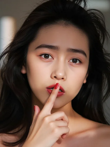 There are wonderful studio lights and various reflections,
18yo beautiful cute girl with blushing and female orgasm.skin naturally showing the texture of blood vessels and detailed pale skin,
--,
<lora:Kudo_Shizuka_f1_rank2_bf16:1>,she is Kudo Shizuka
--, --,A striking portrait of a supercute Asian model with stunning features, giving a bold and confident expression. Her long, glossy black hair cascades in soft waves around her face, highlighting her flawless, glowing skin. She has bright, expressive eyes framed by long lashes, and her lips are full and slightly parted, emphasizing her natural beauty. The model is holding her finger up to her lips in a playful yet defiant gesture, with her manicured nails painted a vibrant red. The lighting is bright and clean, casting a soft glow on her face, enhancing her delicate features. The overall mood is both daring and elegant, blending a sense of beauty with an edgy attitudeï¼A soft erotic atmosphere, the light evokes sexual desire.