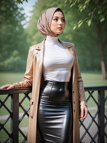score_9, score_8_up, score_7_up, score_6_up, score_5_up, source_anime BREAK
black leather skirt, open coat, white shirt, cowboy shot, brown  hij4b  with gold trims, <lora:hijabPony:0.9>  looking to the side, leaning on a wooden railing, beautiful face, cinematic,  depth of field,