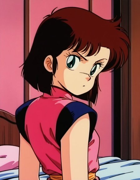 masterpiece, best quality, uncensored,  arms at sides, (head tilt), upper body, angry, solo, bedroom, 
<lora:Yan0:1>, Yan0, 1girl, short hair, brown hair, green eyes, pink china dress,looking back, 1980s \(style\),