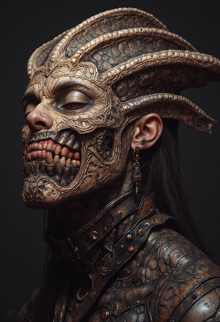 An extravagant "Monster Makeover" challenge where contestants, paired with GWAR-styled creatures wearing wigs and makeup tools, compete to transform each other into the most glamorous alien overlord, using glitter, bright paint, and oversized costume jewelry.
, in the styles of Royo's dark, mystical realism, Artgerm's hyper-detailed, metallic sheen, and Lovecraft's eerie, atmospheric tension, with meticulous attention to intricate textures, dramatic shading, and a sense of haunting, ethereal beauty.