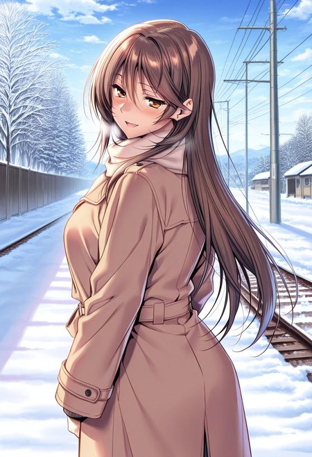 general,highres, ultra-detailed,very aesthetic,best quality ,best hands,masterpiece, best quality, newest, highres, score_9, score_8_up, score_7_up, source_anime, rating_explicit,1girl, yokota mamoru style,motion lines,Very straight nose，slim,slender face,perfect nose,torogao,seductive smile,looking at the viewer
Ichinose Honami,Brown hair, hair Parted to Side, Sidehair, Spiky Bangs, Waist Length hair,long hair,amber eyes,slim
1girl, snow, solo, outdoors, railroad tracks, sky, tree, coat, day, cloud, winter, long hair, brown hair, blue sky, power lines, standing, sign, looking back, utility pole, winter clothes, cowboy shot, highly detailed