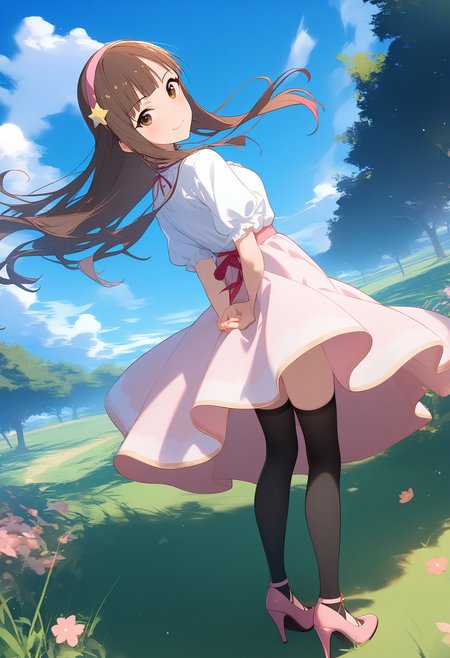 1girl,
mizumoto yukari,


brown eyes, cloud, floating hair, solo, high heels, black thighhighs, blue sky, blush, pink hair, sky, dress, star \(symbol\), outdoors, full body, closed mouth, strappy heels, legs, pink footwear, thighhighs, long hair, looking at viewer, hairband, smile, short sleeves, arms behind back, pink hairband, shirt, pink dress, standing, day, blunt bangs, white shirt, grass, star hair ornament, hair ornament, sidelocks, from behind, looking back,

sfw
<lora:a31_char_new_mizumoto_yukari-000022:1> <lora:a31_style_koni-000010:0.8>